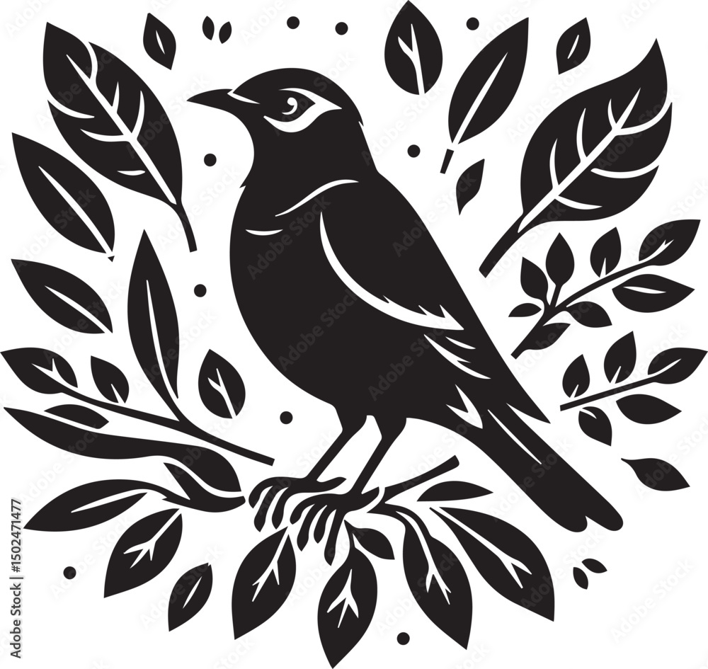 Elegant Bird Illustration Black and White Avian Art with Foliage Elegant Bird Illustration Black and White Avian Art with Foliage