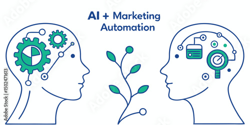 Ai and marketing automation concept illustrating human heads with gears and analytical tools
