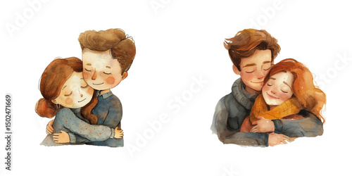 couple snuggling watercolor vector illustration