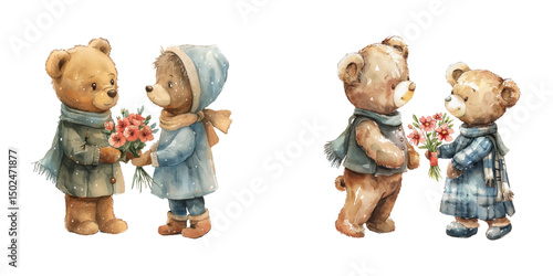couple teddy bear holding flowers bouquet watercolor vector illustration