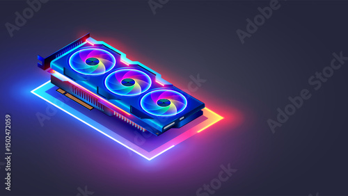 Gaming video card with neon backlight in isometry, A video card with three coolers, rgb led lights levitates in cyberspace. Modern graphics card. Computer part for video games. Computer hardware.