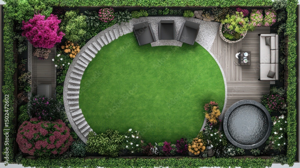 Rooftop garden design; curved stairs, circular lawn, hot tub, patio furniture, lush greenery
