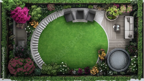 Obraz na płótnie Rooftop garden design; curved stairs, circular lawn, hot tub, patio furniture, lush greenery w salonie