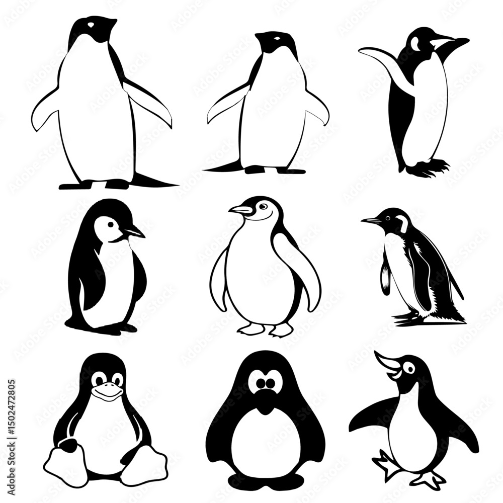 Obraz premium Penguin Black & White Vector Set