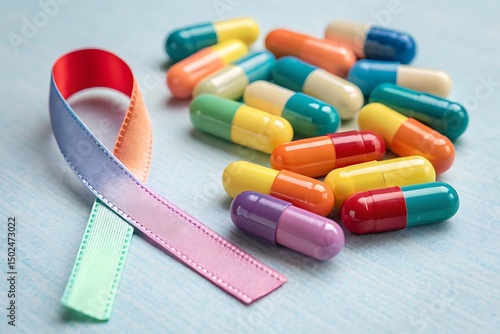 Ribbon wrapped around or emerging from colorful medication capsules.