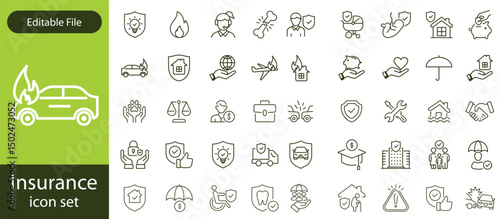 Insurance thin line icons set. Insurance editable stroke symbols collection. Life, car, house, care, money, pet insurance editable stroke icon. Vector illustration