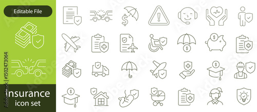 Insurance thin line icons set. Insurance editable stroke symbols collection. Life, car, house, care, money, pet insurance editable stroke icon. Vector illustration