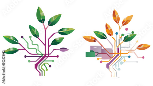 Two abstract trees with leaves and circuit board roots representing technology and nature concepts well balanced