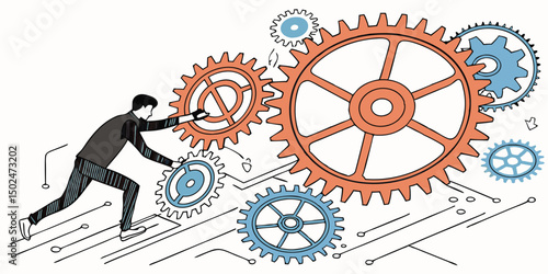Businessman adjusting gears to represent the concept of business strategy and collaboration