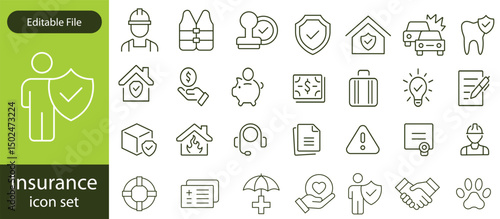 Insurance thin line icons set. Insurance editable stroke symbols collection. Life, car, house, care, money, pet insurance editable stroke icon. Vector illustration