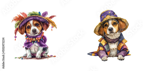 cute dog dressed mardi gras watercolor vector illustration