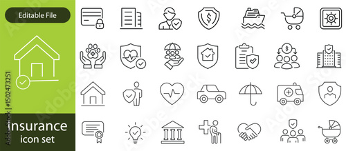 Insurance thin line icons set. Insurance editable stroke symbols collection. Life, car, house, care, money, pet insurance editable stroke icon. Vector illustration