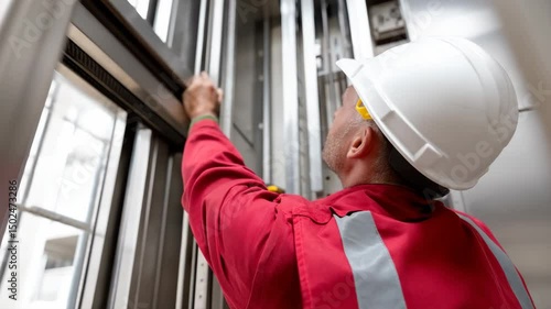 Professional Worker in Hard Hat Conducts Elevator Inspection and Maintenance, Highlighting Safety and Engineering in Modern Building Machinery