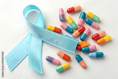 Ribbon wrapped around or emerging from colorful medication capsules.