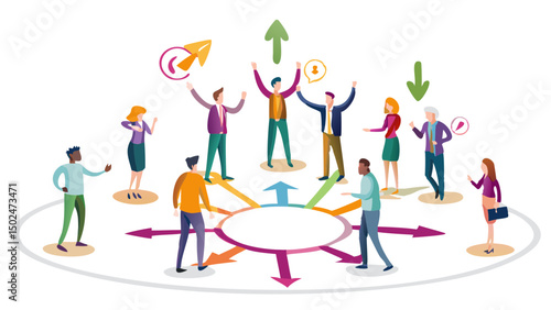 Illustration of a diverse group of people standing around a circle with arrows pointing outwards