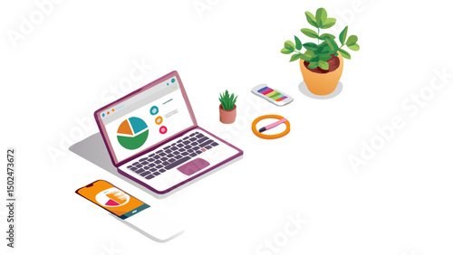 Isometric view of a laptop displaying a pie chart next to a phone and plants on a white surface