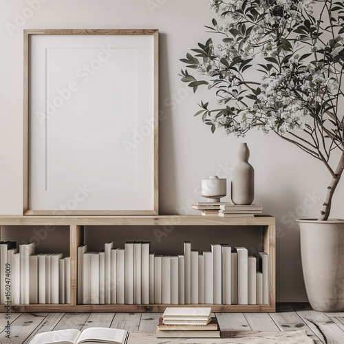 Mockup frame poster in interior living room background, room in light pastel colors