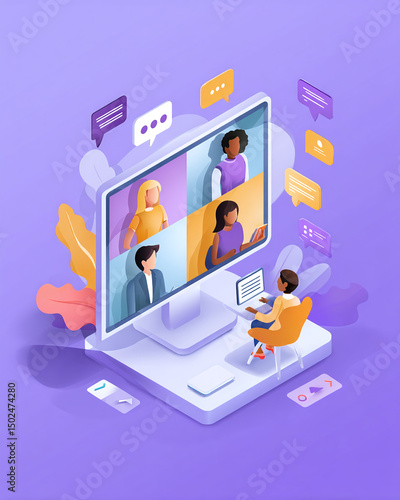 diverse business team in virtual meeting, video call layout, soft colors, isometric digital vector style, minimalist background