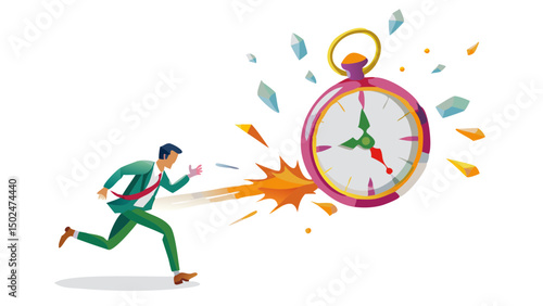 A man in a green suit runs from a large pink and gold clock that is exploding with shards of glass around it