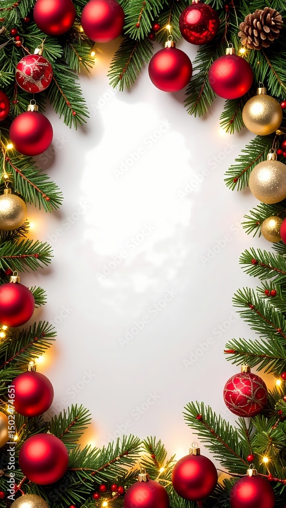 Festive Christmas ornament frame featuring red and gold baubles, pine needles, and warm lights, perfect for seasonal greetings. Christmas greeting card template. Festive Christmas ornament frame featuring red and gold baubles, pine needles, and warm lights, perfect for seasonal greetings. Christmas greeting card template.