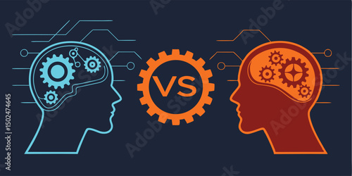 Human brains versus technology concept illustrating innovation and artificial intelligence