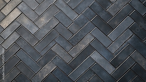 A close-up view of a herringbone pattern floor made of dark grey tiles with subtle variations in color © HauraStd