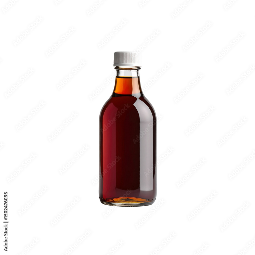 Dark brown liquid in glass bottle on red food life on transparent background Dark brown liquid in glass bottle on red food life on transparent background