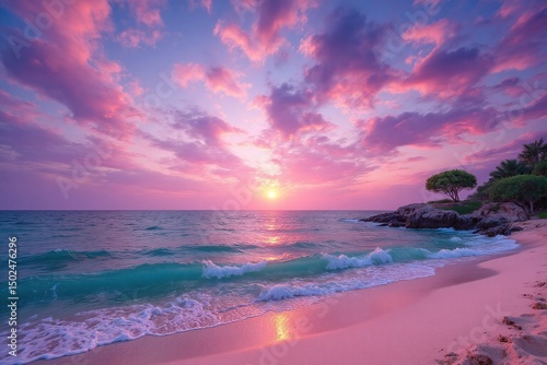 pink beach with waves crashing on the sand