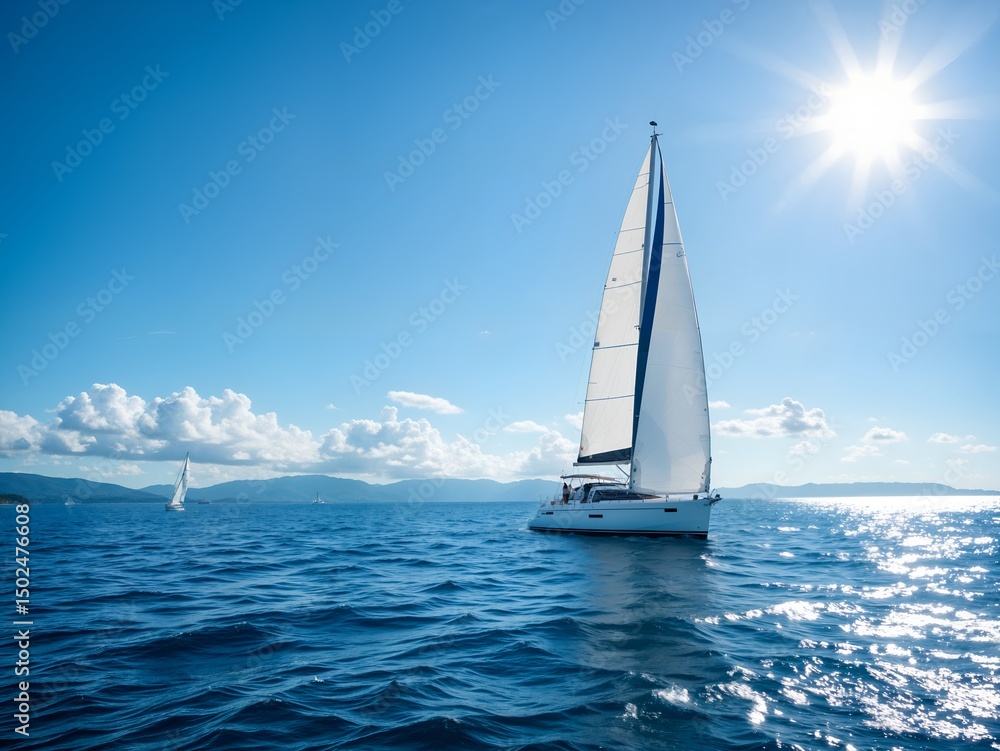 Naklejka premium A sailboat with a white sail is in the middle of the ocean.