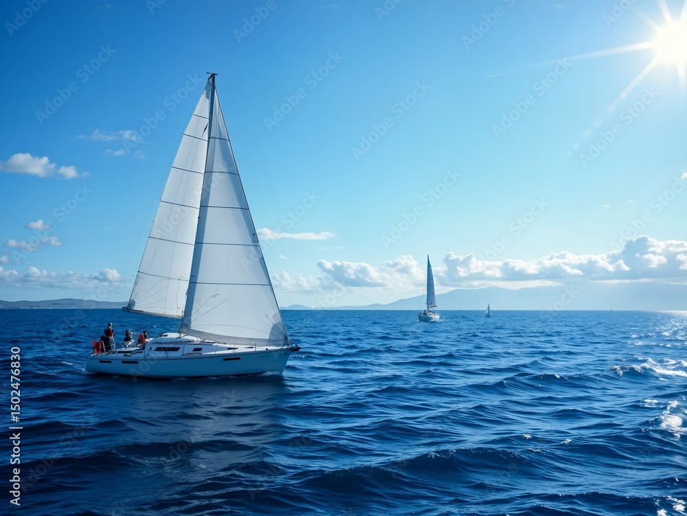 Obraz premium A sailboat with a white sail is in the middle of the ocean.