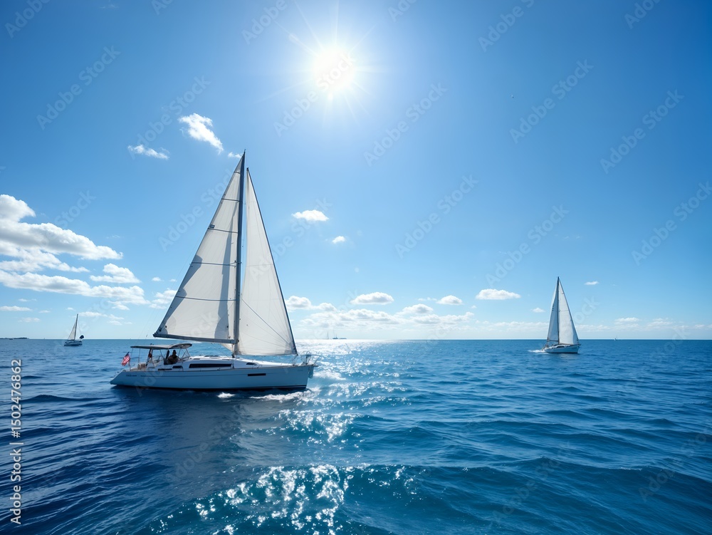 Fototapeta premium A sailboat with a white sail is in the middle of the ocean.