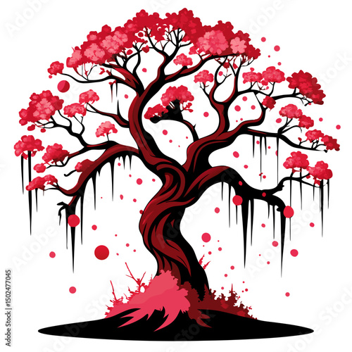 eerie cherry blossom tree dripping blood instead of petals, dark and haunting tone, traditional Japanese horror vector on white
