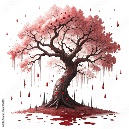 eerie cherry blossom tree dripping blood instead of petals, dark and haunting tone, traditional Japanese horror vector on white
