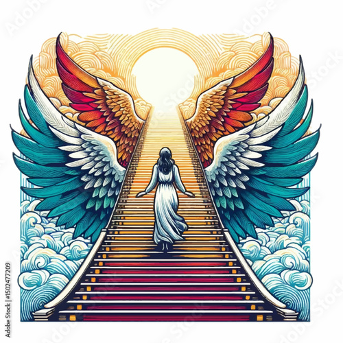  woman climbs a ladder with her wings spread wide towards the sky, like an angel.