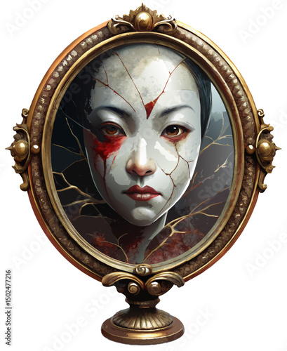 ancient Japanese mirror reflecting a distorted ghostly face, with cracks and blood marks, isolated horror vector on white
