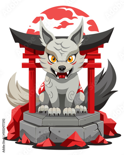 stone fox statue at Japanese shrine coming to life with cracked body and sinister grin, horror style vector, white background
