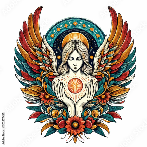 Vintage vector illustration of a female angel with wings and floral ornament, suitable for tattoo design or gothic decoration