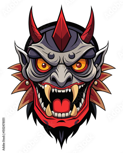 terrifying tengu mask with broken nose and sharp fangs, spiritual aura and traditional motifs, vector on white
