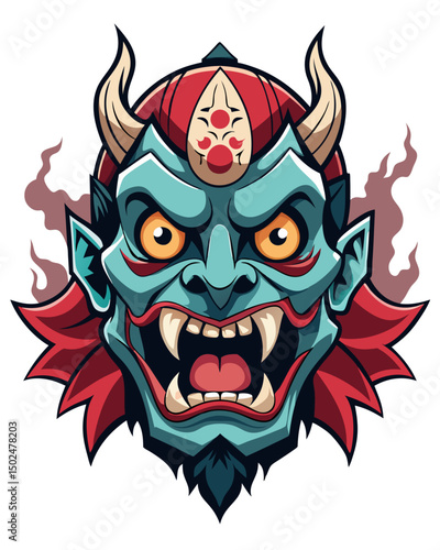 terrifying tengu mask with broken nose and sharp fangs, spiritual aura and traditional motifs, vector on white
