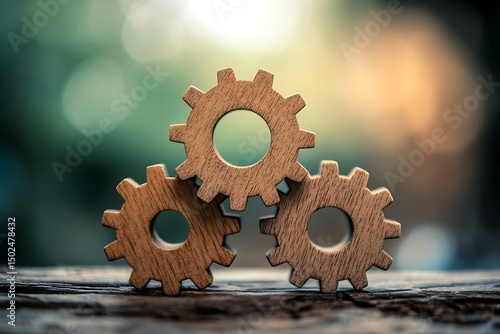 Close-up of three wooden gears meshing together to represent teamwork, collaboration, and mechanical synergy