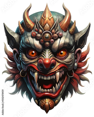 terrifying tengu mask with broken nose and sharp fangs, spiritual aura and traditional motifs, vector on white
