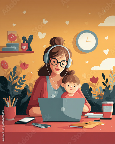 remote working parents, child in background, multitasking concept, calm household setting, vector minimal style
