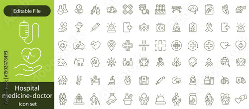 Hospital Line Editable Icons set. Vector illustration in modern thin line style of medicine related icons doctor, ambulance, treatment, and more. Pictograms and infographics