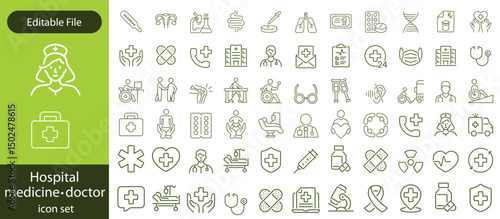 Hospital Line Editable Icons set. Vector illustration in modern thin line style of medicine related icons doctor, ambulance, treatment, and more. Pictograms and infographics