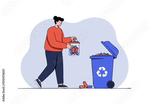A young adult woman sorts recyclable materials into a blue bin. A clean, modern illustration promotes community recycling. Bright colors and a simple design.