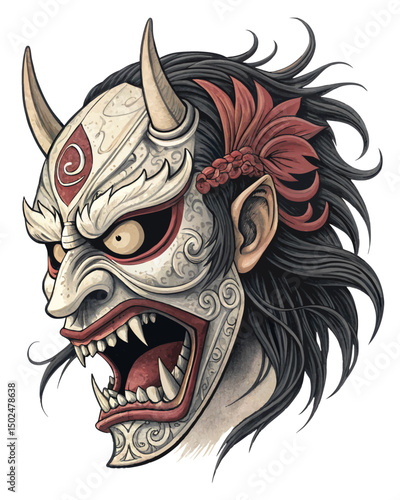 terrifying tengu mask with broken nose and sharp fangs, spiritual aura and traditional motifs, vector on white
