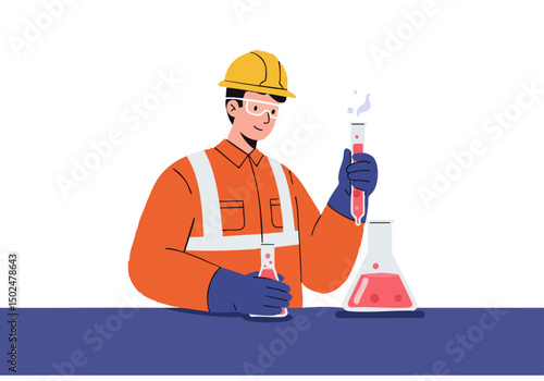 A construction worker in a safety vest experiments with a red liquid in a flask. Solution testing concept. Bright, modern illustration.