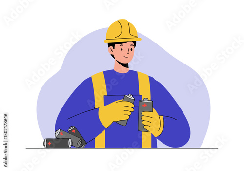 A construction worker inspects batteries, wearing a hard hat and safety vest. Bright, clean illustration style. Focus on detail and professionalism.
