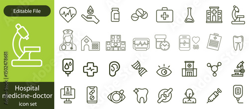 Hospital Line Editable Icons set. Vector illustration in modern thin line style of medicine related icons doctor, ambulance, treatment, and more. Pictograms and infographics