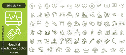 Hospital Line Editable Icons set. Vector illustration in modern thin line style of medicine related icons doctor, ambulance, treatment, and more. Pictograms and infographics